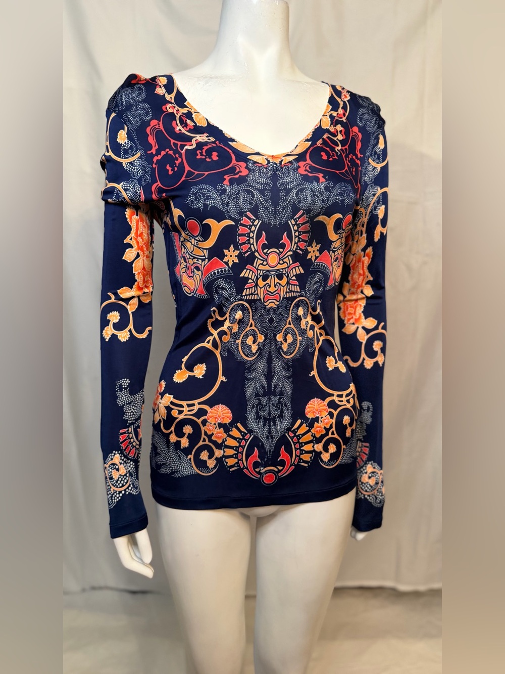 Versace Navy Long-Sleeve V-Neck Top with Orange Print